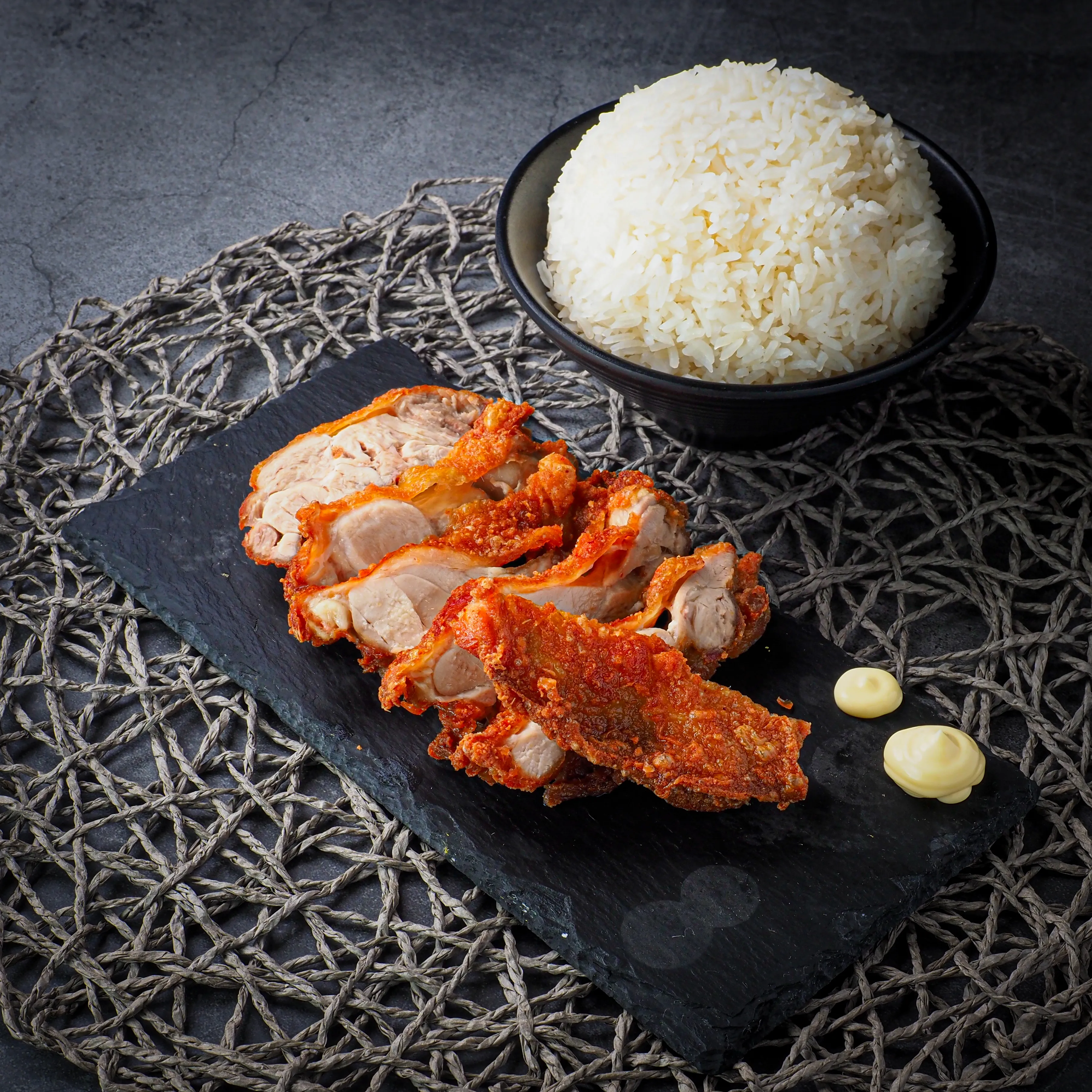 Crispy roasted chicken rice hawker food photography Singapore